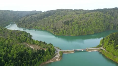Bridge over a mountain lake, a clear lake among the forest, aerial view Stock Footage 274482218