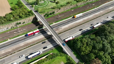 Bridge over a multiple lane highway - aerial view Stock Footage 250951215