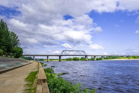 Bridge over Pripyat river on cloudy day in Belarus Stock Photos