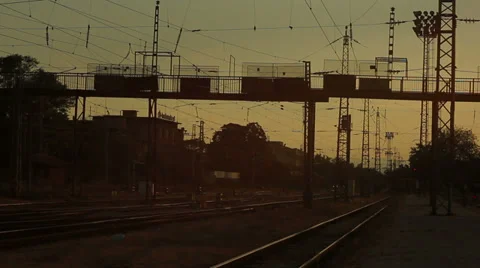 Bridge over railway sunset Stock Footage 34068715