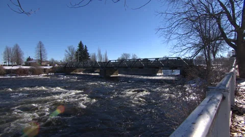 Bridge Over Rapids on Winter Day in Ontario HD Video Stock Footage 30841946
