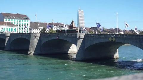 Bridge over the Rhine River in Basel Switzerland - Bus driving Video stock 76976246