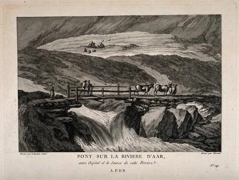 A bridge over the river Aar near its source. Etching by E.A. Giraud after J.. Ilustração Stock