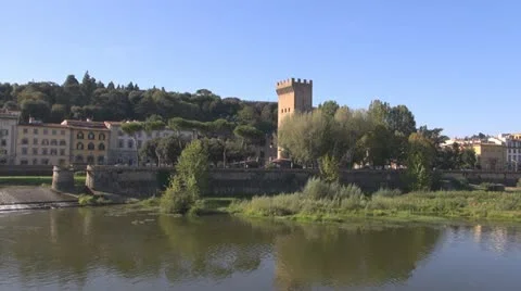 Bridge over river arno.Building is reflected in water.Florence. Stock-Footage 12531661