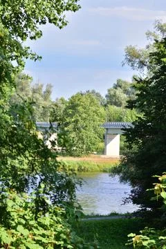 Bridge over the river between trees on a sunny day. Summer. Day. Stock Photos