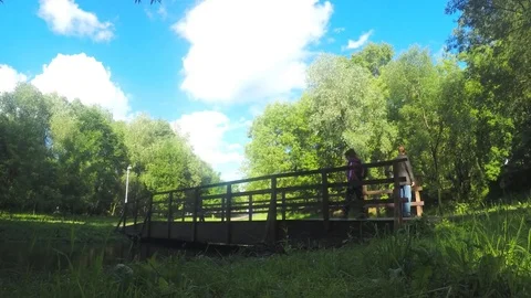 Bridge over a river in city park timelapse Stock Footage 78015889
