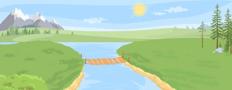 Bridge over river connecting two land masses with natural background Ilustração Stock