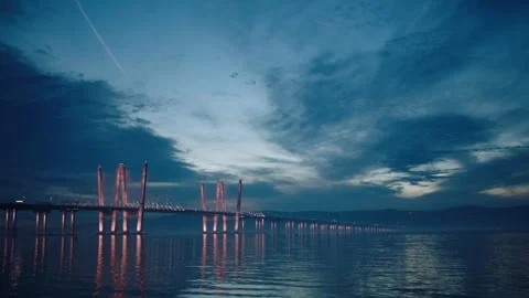 Bridge over River at Dusk, Cloudy Stock Footage 274444753