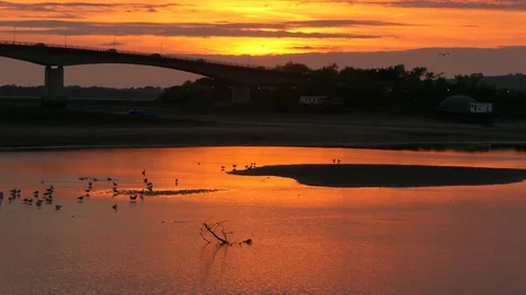 Bridge over river estuary at dusk Stock Footage 75642293