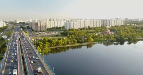 Bridge over the river, with heavy traffic Stock Footage 98647178