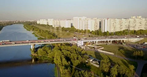 Bridge over the river, with heavy traffic Stock Footage 98647548