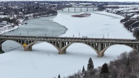 Bridge over a river with ice on it Stock Footage 301343048
