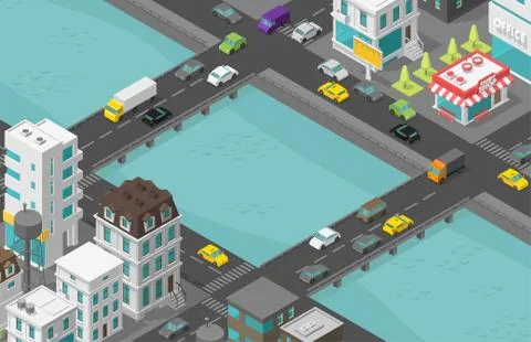 Bridge over river Isometric city. Two bridges. Town houses district street. Cars Stock Illustration