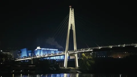 Bridge over the river at night 3 Stock Footage 97909499