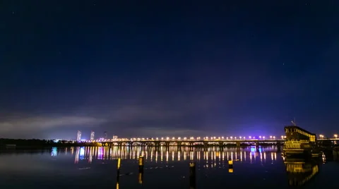 Bridge over the river in the night city timelapse Stock Footage 62734851