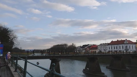 Bridge over the river in the old town UZHOROD UNGVAR 24 DECEMBER 2019 Stock Footage 121975248