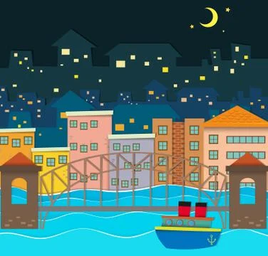 Bridge over the river scene at night Ilustração Stock