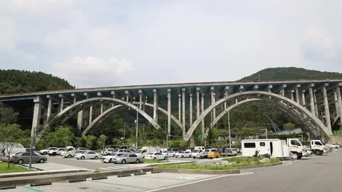 Bridge over the river with sky and mountain 스톡 동영상 303551061