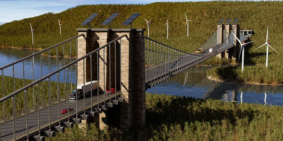 A bridge over a river, surrounded by forest, wind turbines and equipped wit.. Ilustração Stock