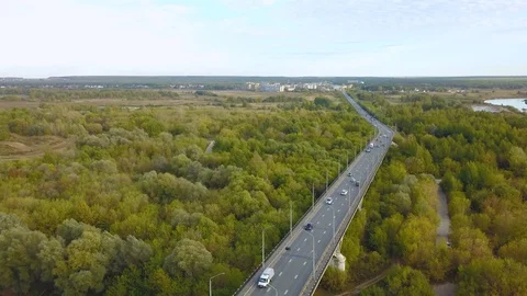 Bridge over river surrounded green forest in countryside, aerial shot Stock Footage 98965407