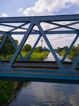 Bridge over river with tower view Foto stock