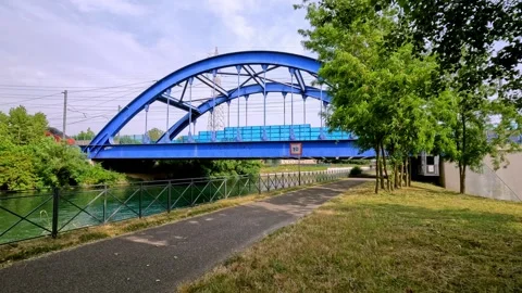 Bridge over the river with train Stock Footage 244494810