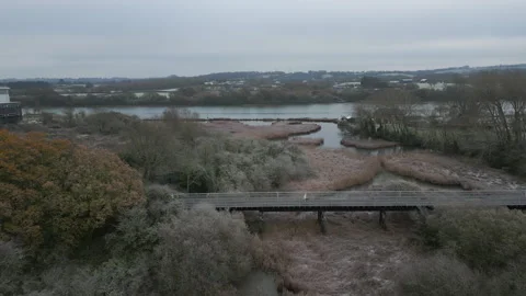 A bridge over a river with trees in the background Stock Footage 298275017