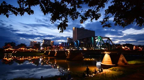 The bridge over the river at twilight Stock Footage 66748502