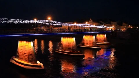 Bridge over the river Uzh at night in Uzhgorod, Ukraine Stock Footage 75193855