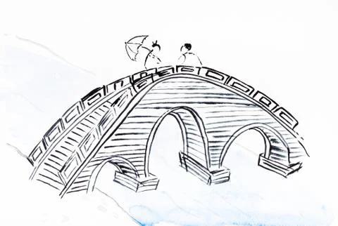 Bridge over river on white paper Ilustração Stock