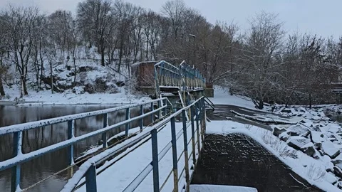 Bridge Over the River in Winter Stock Footage 295351882