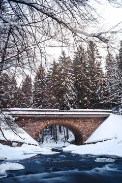 Bridge over river in winter, surrounded by forest and snow Stock Photos