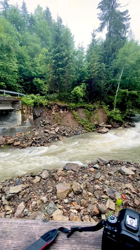 Bridge Over Rushing River in Summer Carpathian Mountains Stock Footage 311276346