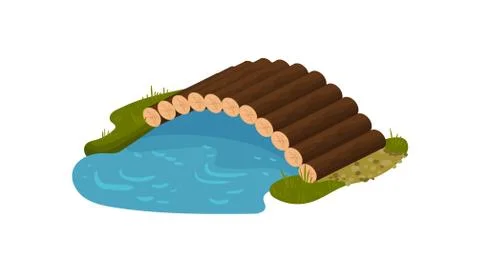 Bridge over small blue river or pond. Footbridge made of tree logs. Flat vector Ilustração Stock