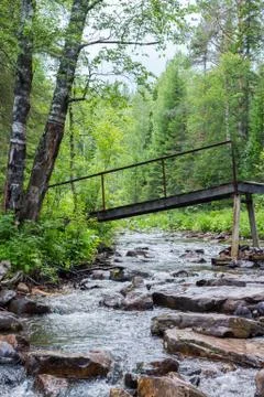 A bridge over a small stream with large rocks in the green forest. Stock Photos