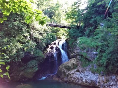 Bridge over Sum waterfall at the end of Vintgar Gorge near Bled Stock Photos