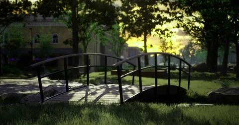 Bridge over tranquil waters at sunset in a city park setting Ilustração Stock