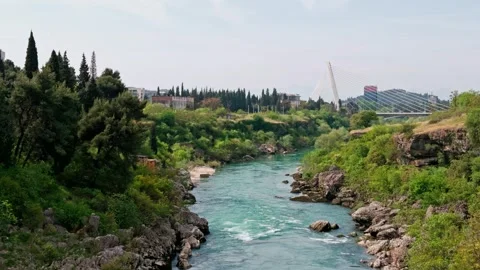 Bridge Over Turquoise Moraca River in Podgorica, Montenegro Stock Footage 333643625