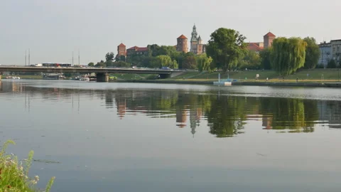 Bridge over the Vistula river in summer in Krakow, Poland Stock Footage 133079640
