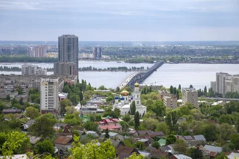 Bridge over the Volga River between the cities of Saratov and Engels. Top view Stock Photos