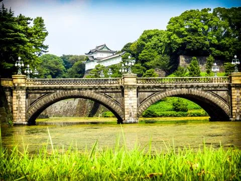 Bridge over water with castle in background, Tokyo, Japan Stock Photos