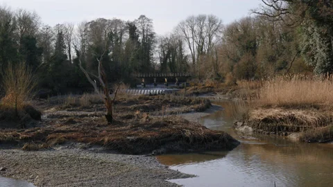 A bridge over water falls and weir at Beeleigh, Maldon, Essex, UK 3. 4K tripod Stock Footage 170701751
