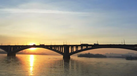The bridge over the yenisei river Stock Footage 34659534