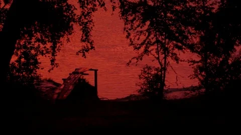 Bridge to the pink river. Framed with trees in contrast lighting 库存影片 79980902