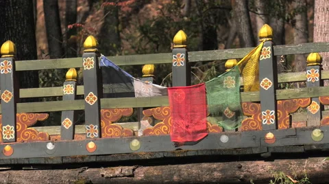 Bridge with prayer flags  Nest Monastery near Paro, Bhutan. Stock Footage 63819783