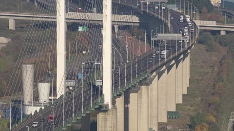 Bridge QE2 Crossing River Thames Wide Shot tracks across from Helicopter Stock Footage 61434892