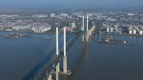 Bridge QE2 Crossing River Thames Wide Shot from Helicopter Stock Footage 61908440