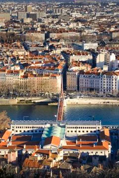 Bridge, river and rooftop, Lyon, France Stock Photos