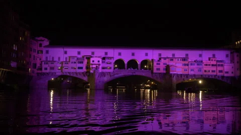 Bridge in river Arno pink light during night, Pink Light, 4K Stock Footage 134612507