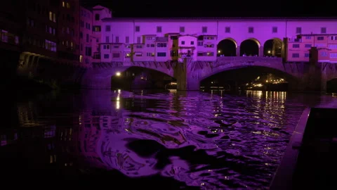 Bridge in river Arno pink light during night, Pink Light, 4K Stock Footage 134612515